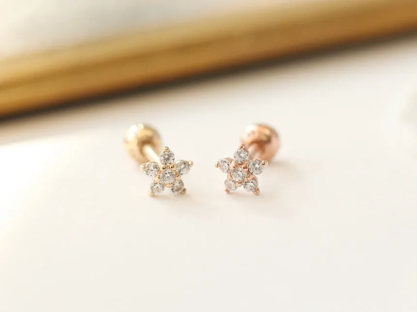 14K 18K Solid Gold Cz Flower Snowflake Helix Tragus Cartilage Inner Conch Barbell Piercing Earring Stud