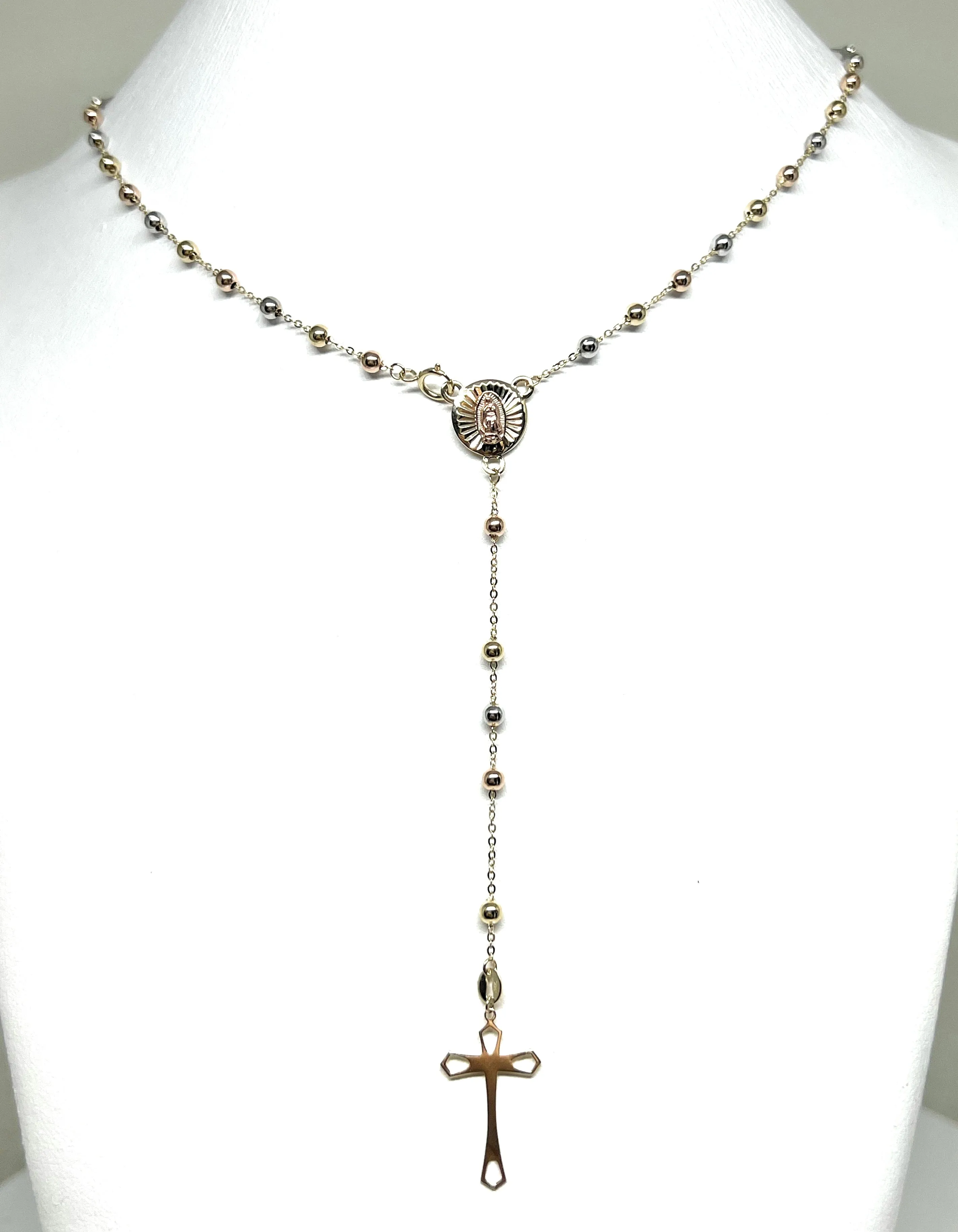 14k Solid Gold Tri-Color Virrgin Mary Rosarry Rosarrio 20 inch Necklace 3mm (FC)