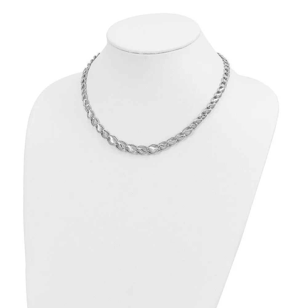 14K White Gold Textured / Polished Oval Link Chain Necklace, 17 Inch