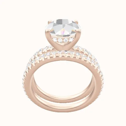 3/4 Pave Engagement Ring With V Prong with Hidden Halo Head and Matching Band