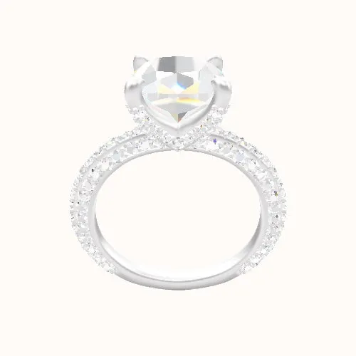 3/4 Three Row Pave Engagement Ring With Double Pave V Prong Head