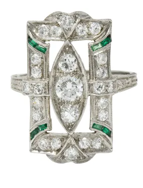 Art Deco 1.15 CTW Diamond Emerald Platinum Dinner Ring