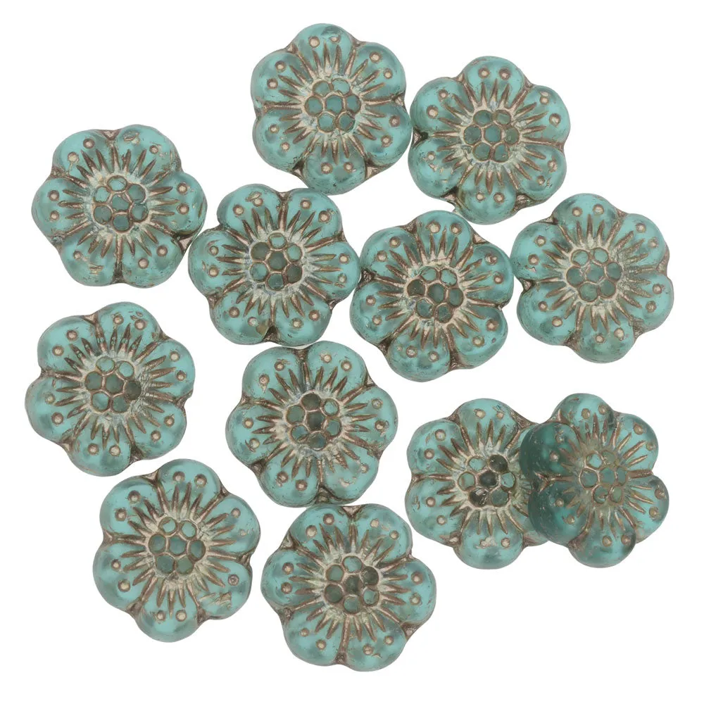 Czech Glass Beads, Wild Rose Flower 14mm, Aqua Blue Transparent Matte with Platinum Wash, by Raven's Journey (1 Strand)