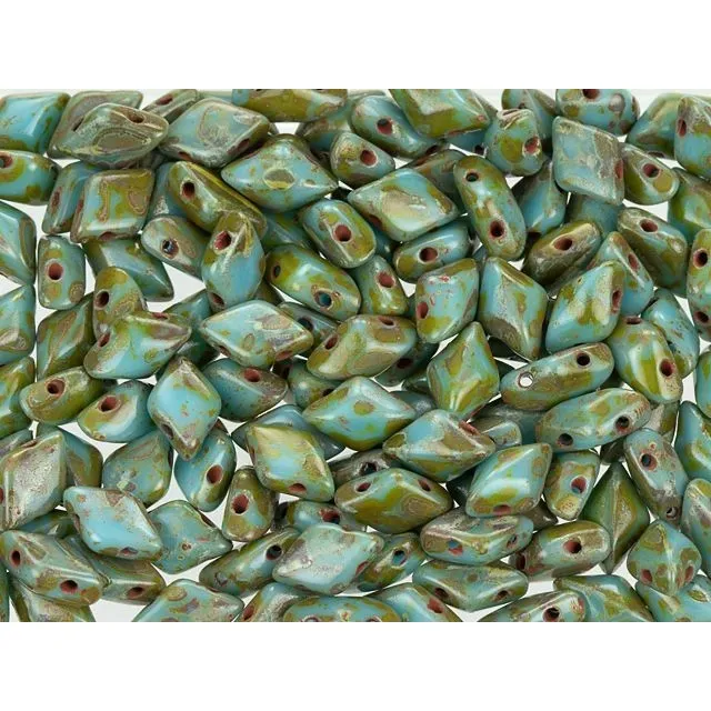 Czech Glass GemDuo, 2-Hole Diamond Shaped Beads 8x5mm, Blue Turquoise Picasso  (2.5 Tube)