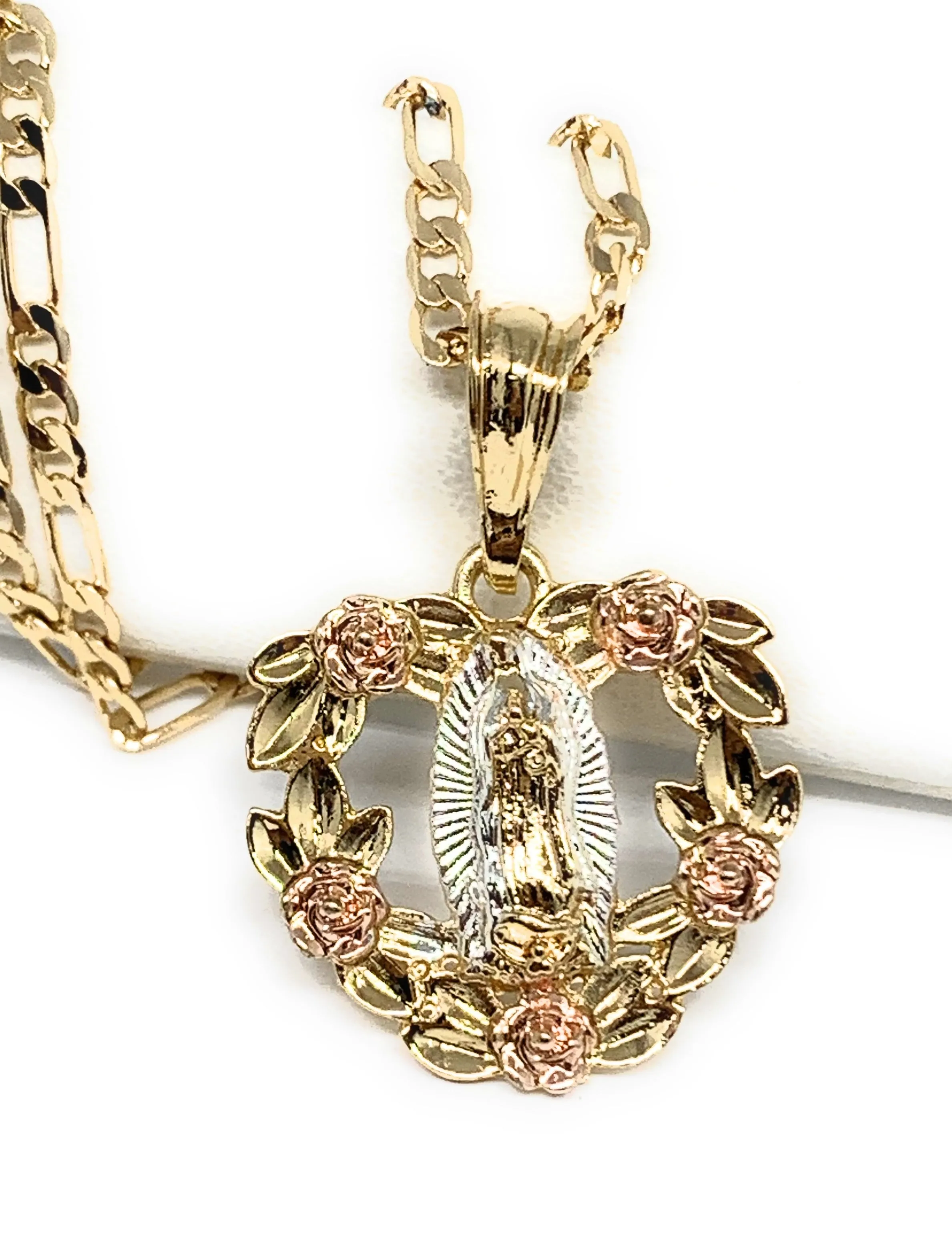 Gold Plated Tri-Color Virgin Mary Flower Pendant Necklace 24 Virgen de Guadalupe Medalla Tres Colores