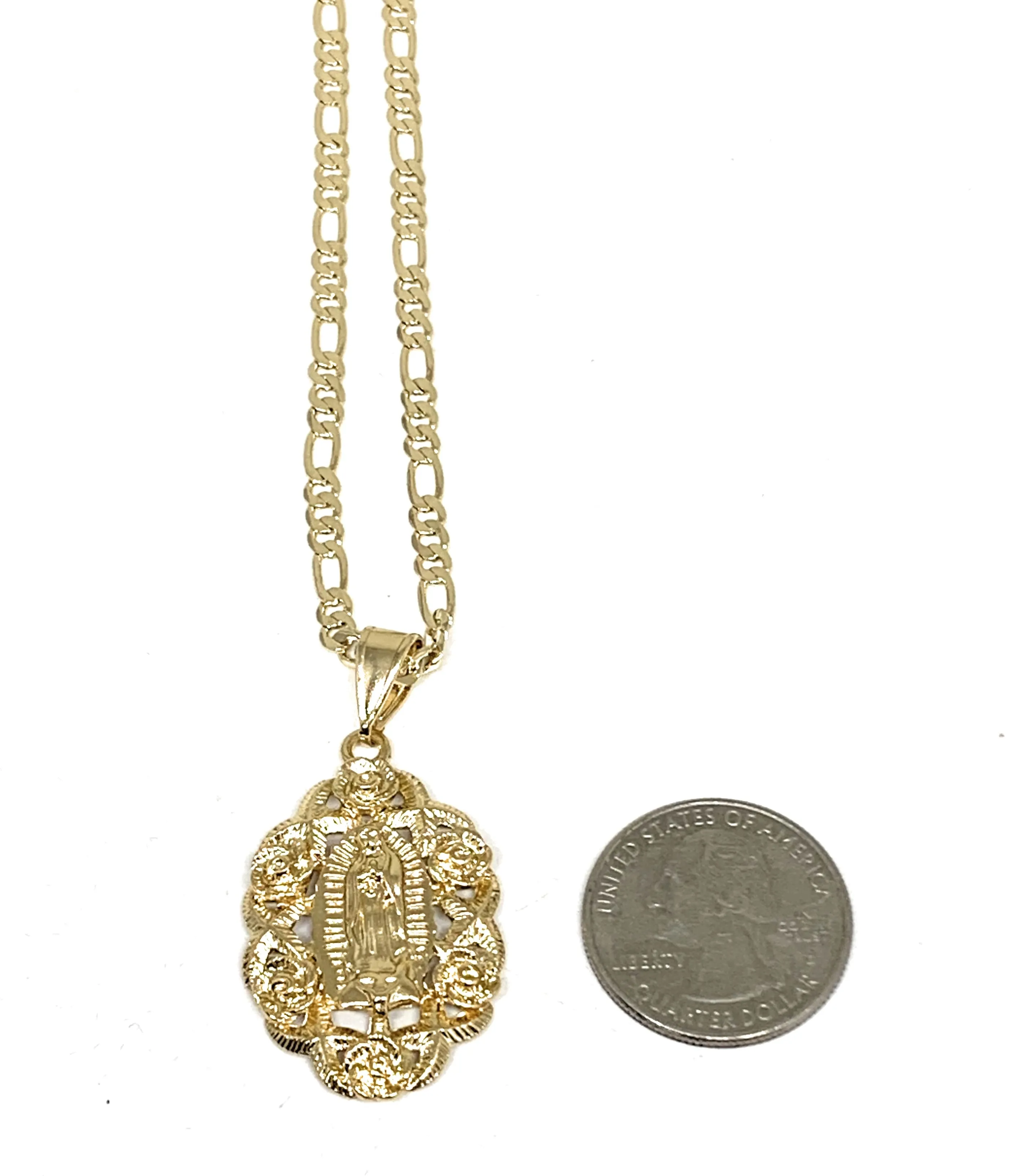 Gold Plated Yellow Virgin Mary Flower Pendant Necklace 24 Virgen de Guadalupe Medallas