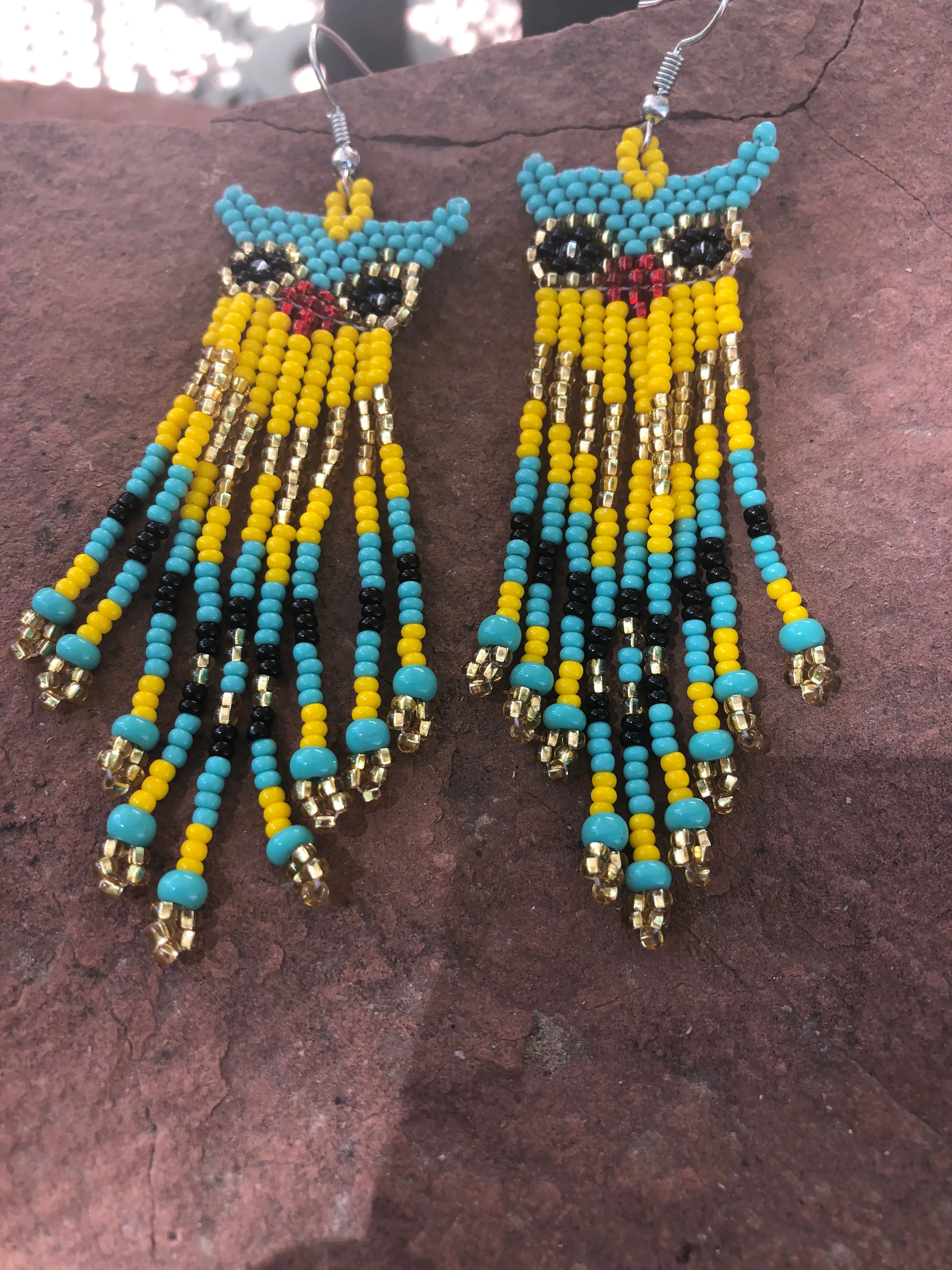 Guatemalan handcrafted glass seed bead earrings in owl design.
