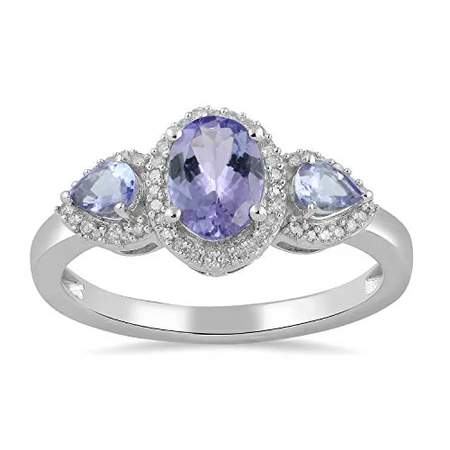 Jewelili 10K White Gold with 1/10 CTTW Round Natural White Diamonds and Oval and Pear Tanzanite Ring