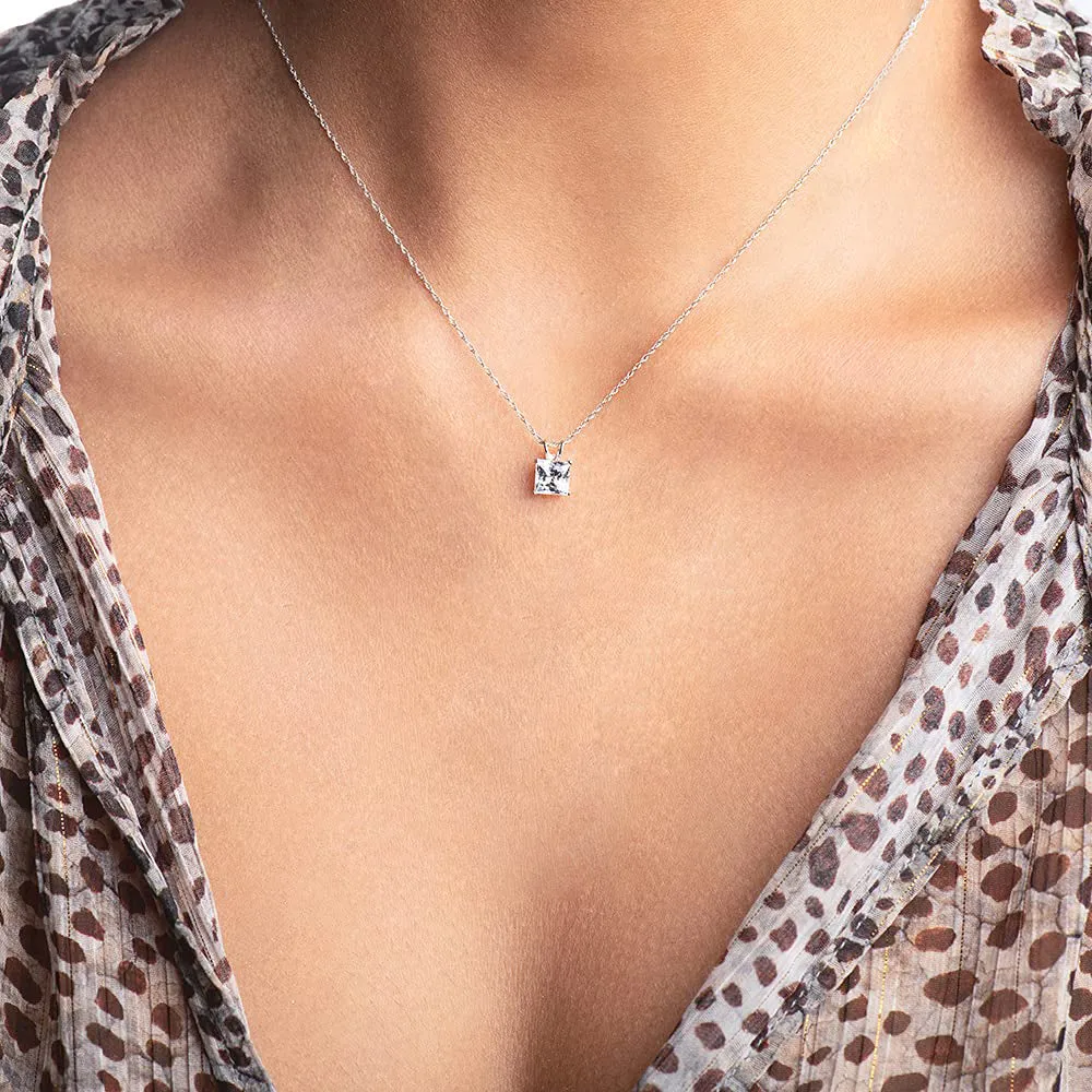 Jewelili 10K White Gold With Cubic Zirconia Solitaire Pendant Necklace