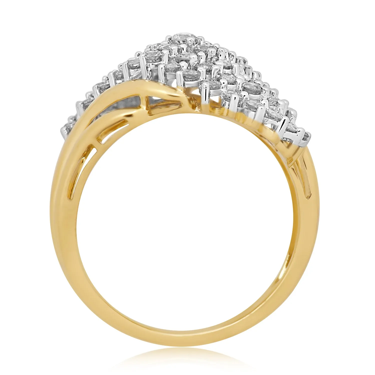 Jewelili 10K Yellow Gold with 1.00 CTTW Natural White Round Diamonds Cluster Ring
