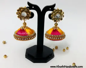 Magenta Yellow Silk Jhumka With Pachi Stud