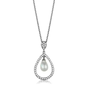 Rhodium Brass Chain Pendant with Synthetic Pearl in White