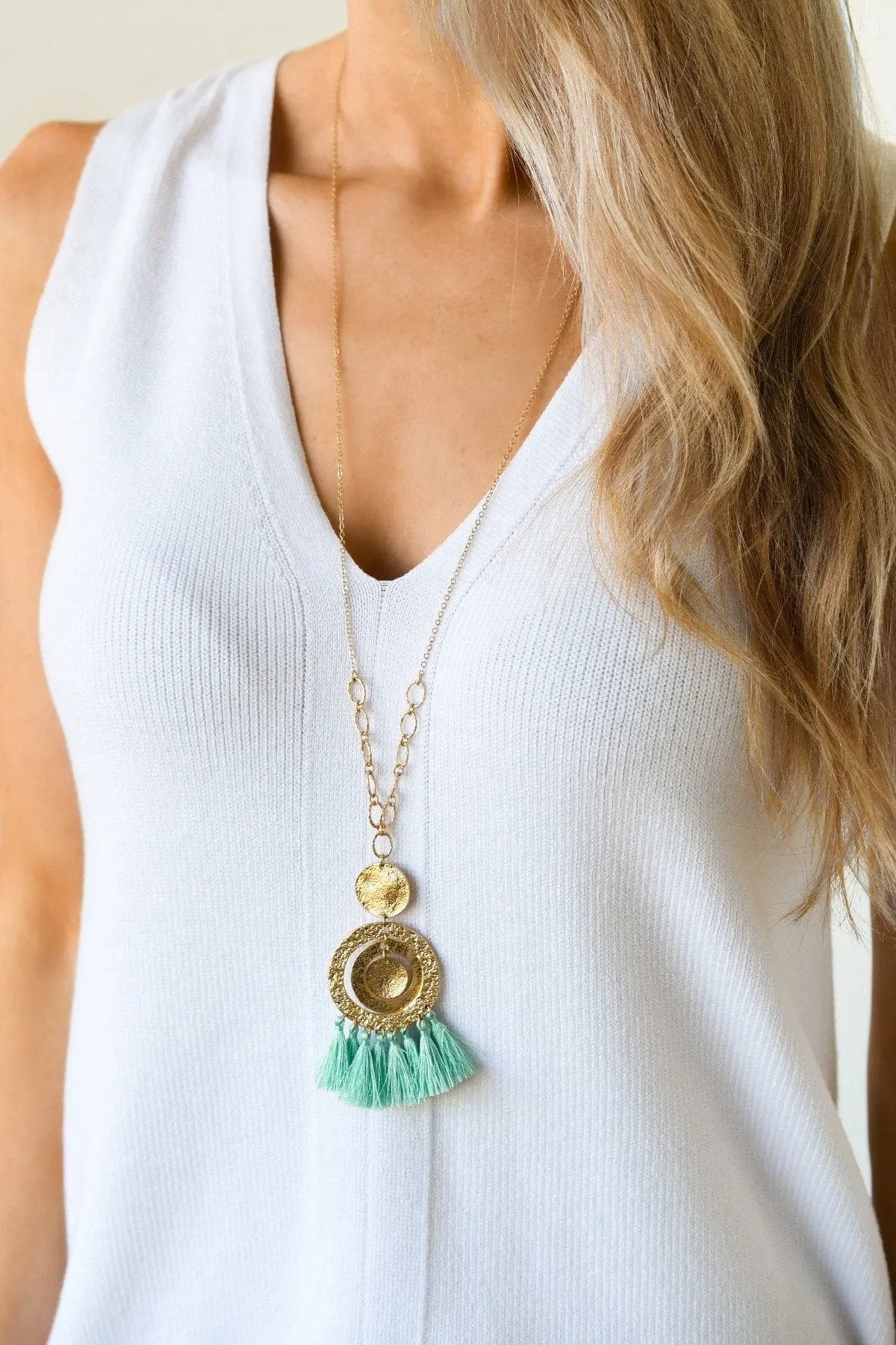 Round Pendant & Tassel Gold Necklace- Mint Blue